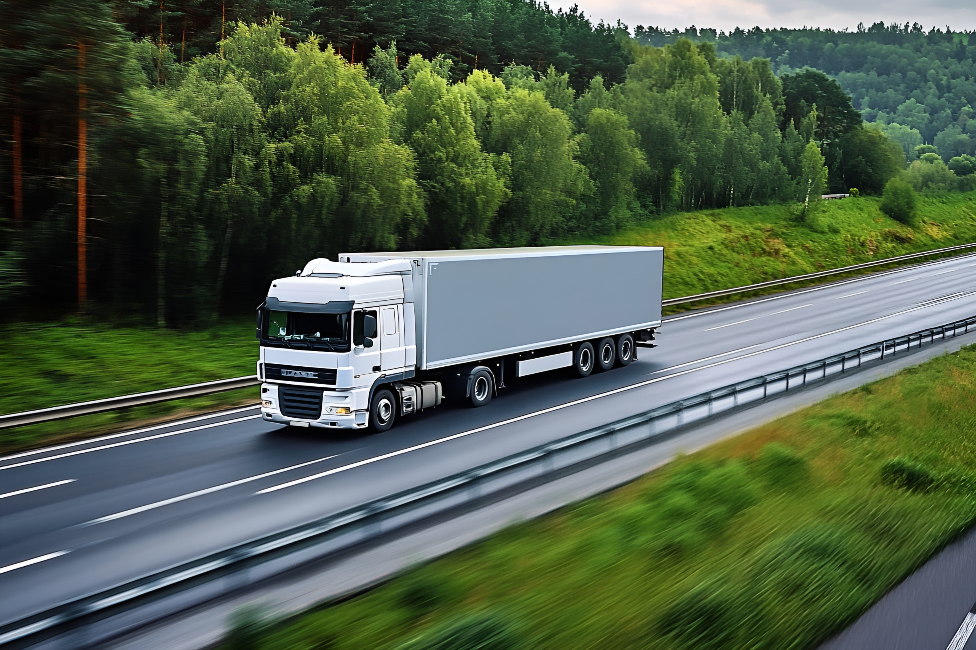 高清照片，現(xiàn)代寫實風格，自然風光設(shè)計，綠色為主色調(diào)，白色和灰色點綴。一輛白色卡車在高速公路上行駛，車頭朝向左側(cè)，車尾朝向右側(cè)?？ㄜ嚨能嚿硎前咨?，車頂和車尾部分是灰色的。車輪是黑色的，車頭前方有一個黑（僅供交流學(xué)習(xí)非商用）.png